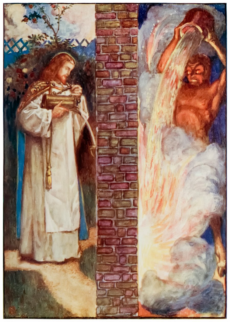 Kristus ja paholainen pyhiinvaeltajista edistyvät tästä maailmasta tulevaan. John Bunyan (1628-1688) Byam Shaw