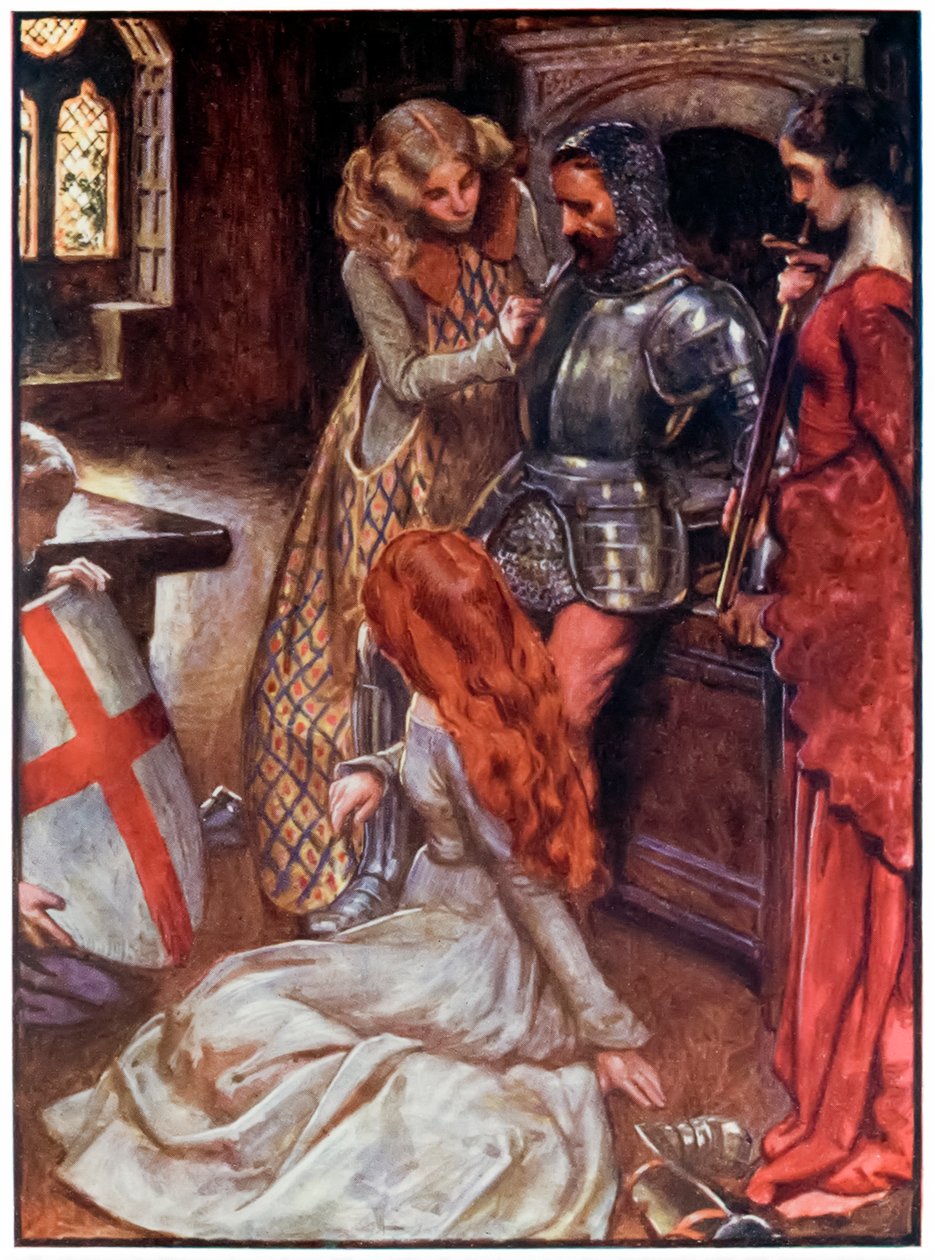 Pyhiinvaeltajien aseistettu kristitty etenee tästä maailmasta tulevaan. John Bunyan (1628-1688) Kuvitus Byam Shaw (1872-1919), kristitty palatsin asevarastossa Kaunis b tekijältä John Byam Liston Shaw