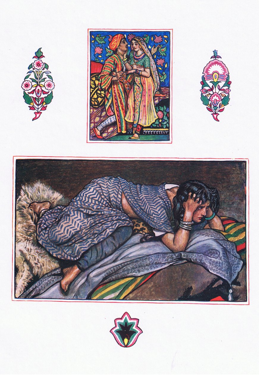 Hylättyjen mustalaisten laulu: Hillside Camp, kuvitus Kaman puutarhasta (ja muita sanoituksia Intiasta), 1920 tekijältä John Byam Liston Shaw