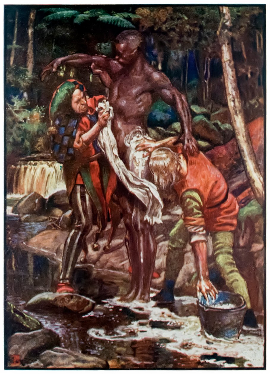 Hullu ja tahto-wiit pesee etiopialaisen kirjasta Pyhiinvaeltajat edistyvät tästä maailmasta tulevaan. John Bunyan (1628-1688) Kuvitus Byam Shaw (1872-1919), yrittää pestä Etiopin tekijältä John Byam Liston Shaw
