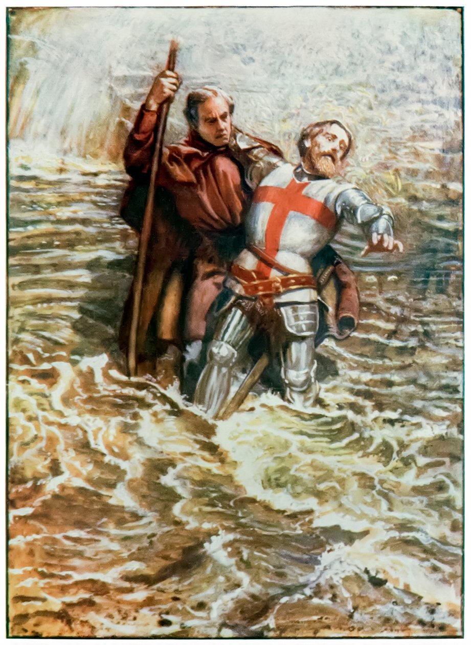 Hopeful auttaa Christiania ylittämään joen pyhiinvaeltajat ylittävät joen pyhiinvaeltajat ylittävät pyhiinvaeltajat tästä maailmasta, siihen, mikä on tulossa. John Bunyan (1628-1688) Kuvitus Byam Shaw (1872-1919) tekijältä John Byam Liston Shaw