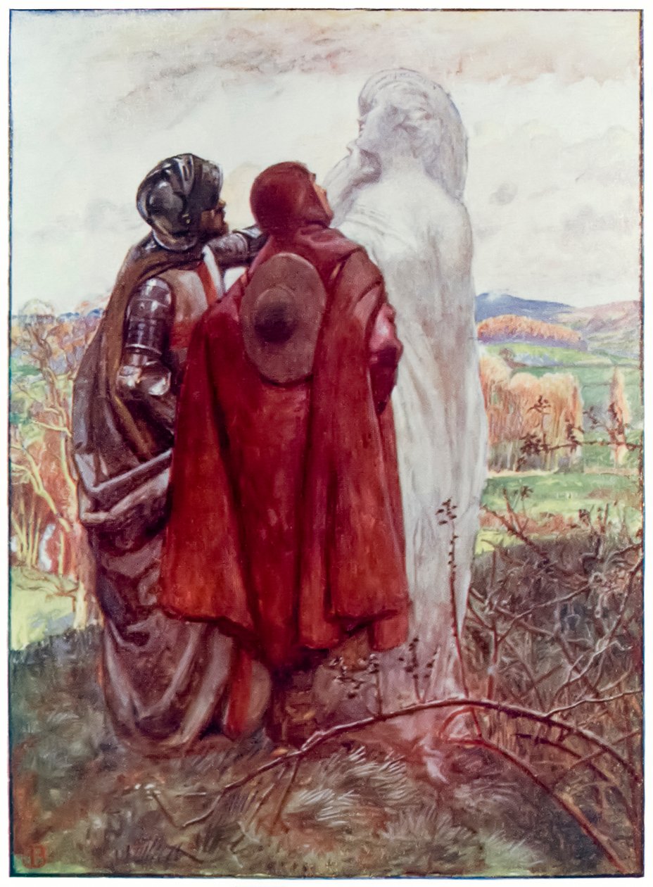 Paljon vaimoa elokuvasta Pilgrims Progress From This World, To That What Is To Come. John Bunyan (1628-1688) Kuvitus Byam Shaw (1872-1919), Christian ja Hopeful löytävät viereen suolapatsaan tekijältä John Byam Liston Shaw