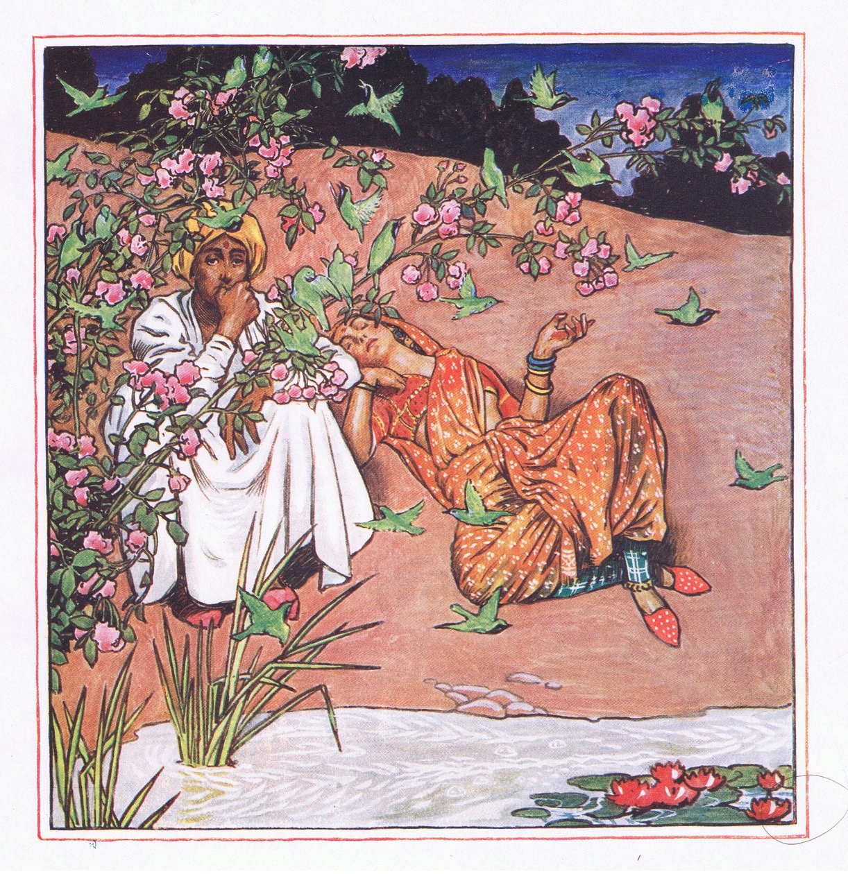 Rakasta kevyesti, kuvitus Kaman puutarhasta (ja muita sanoituksia Intiasta), 1920 tekijältä John Byam Liston Shaw