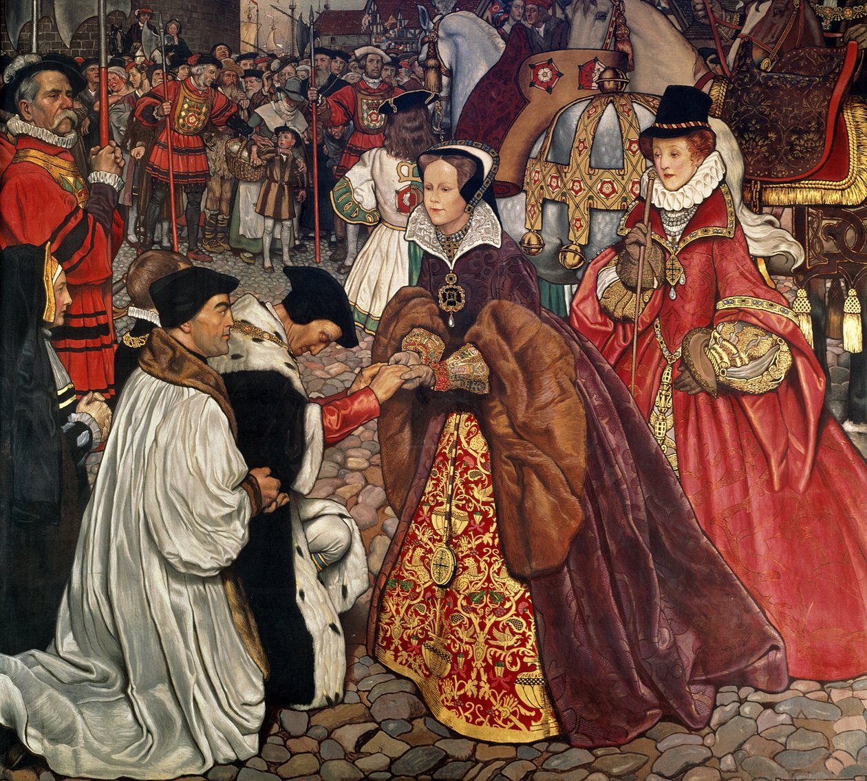 Kuningatar Mary (1516-58) ja prinsessa Elizabeth (1533-1603) saapuvat Lontooseen, 1553, 1910 tekijältä John Byam Liston Shaw