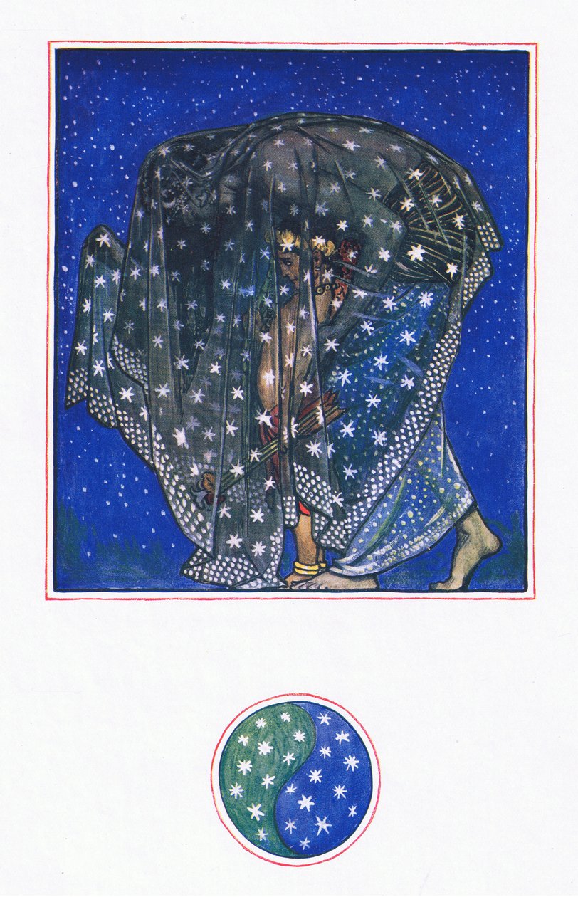 Haaveilu: Zamur-u-Din: Tuhannen vuoden ajan, kun tuhat taivasta yö on tuonut miehiä tänne, kuvitus Kaman puutarhasta (ja muita sanoituksia Intiasta), 1920 tekijältä John Byam Liston Shaw