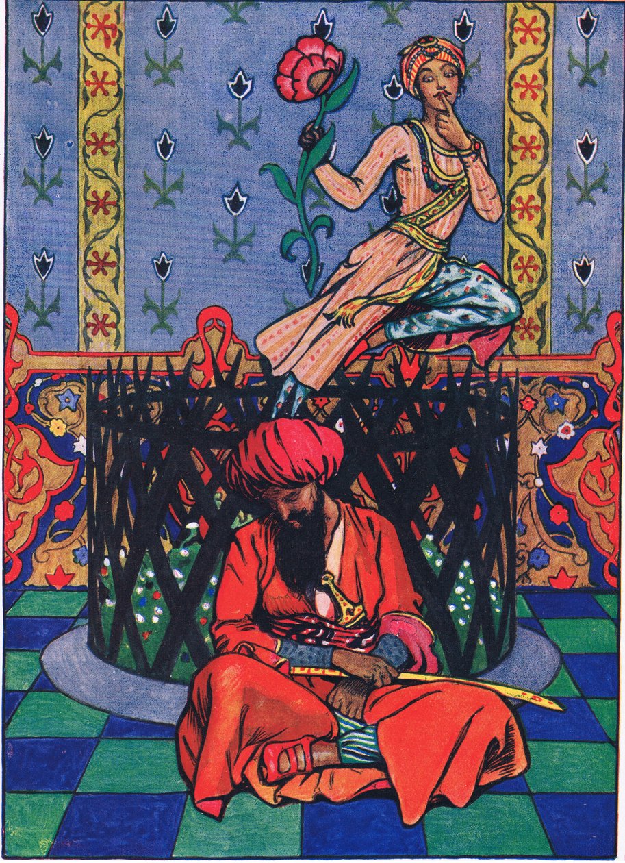Persialaisen Ormuzin haaveilu, kuvitus Kaman puutarhasta (ja muita sanoituksia Intiasta), 1920 tekijältä John Byam Liston Shaw