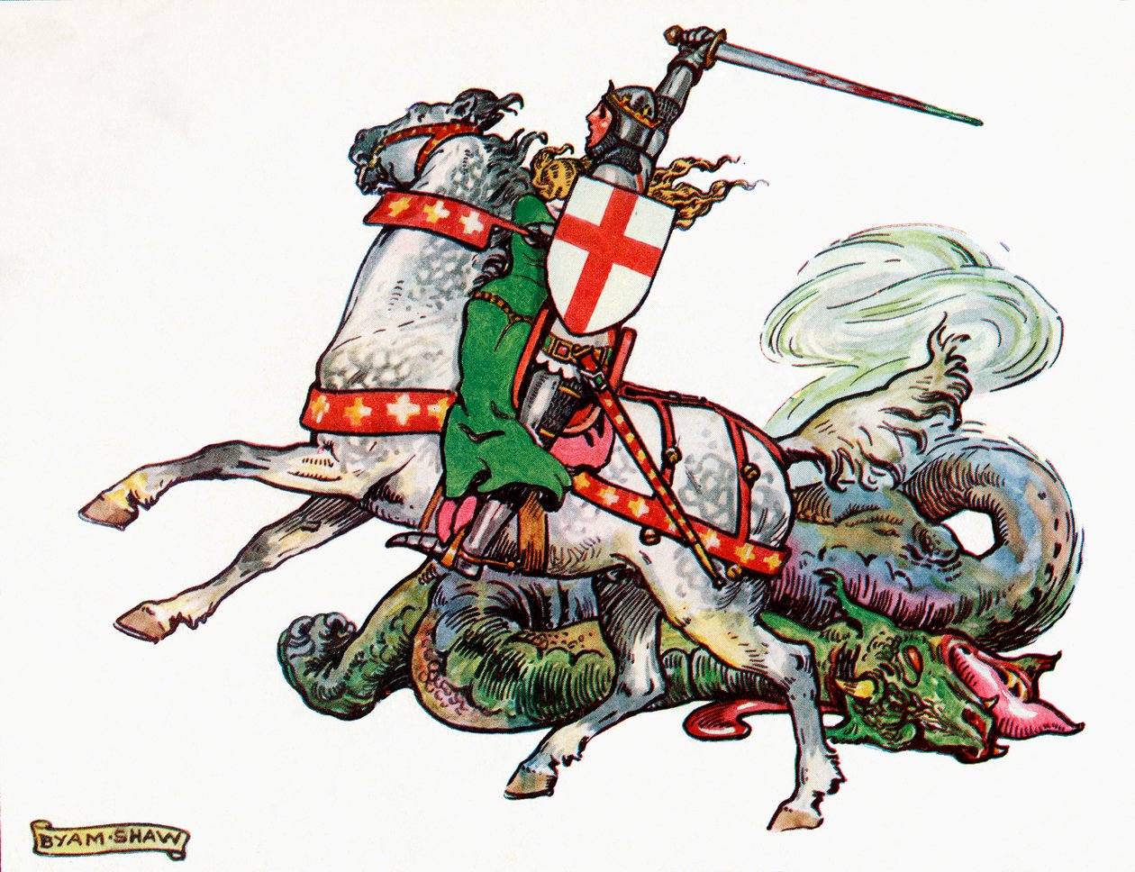 St. George and the Dragon, kuvitus Prinsessa Marie-Josés -lastenkirjasta, julkaistu 1916 tekijältä John Byam Liston Shaw