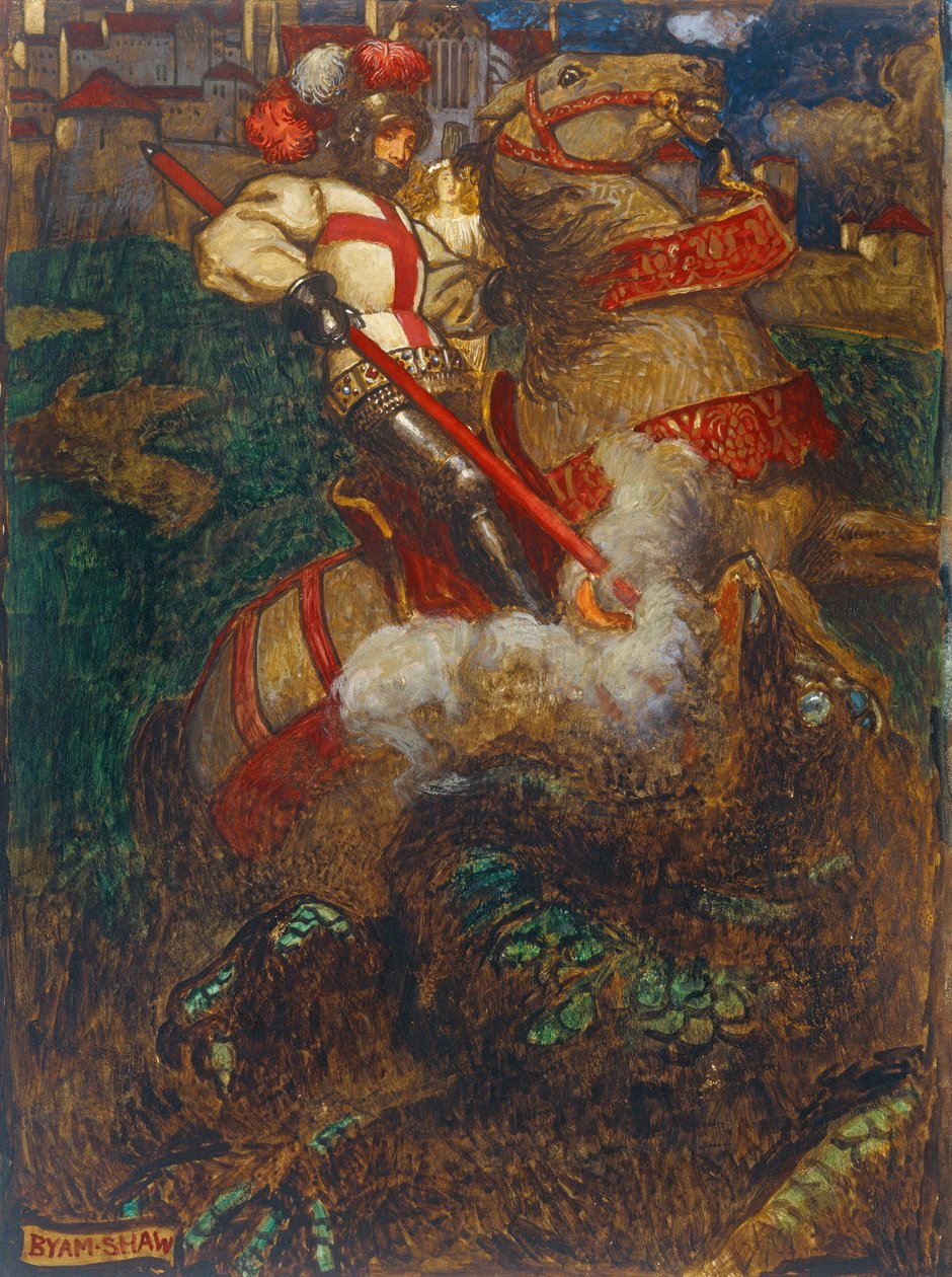Pyhä Yrjö teurastamassa lohikäärmettä, 1908 tekijältä John Byam Liston Shaw