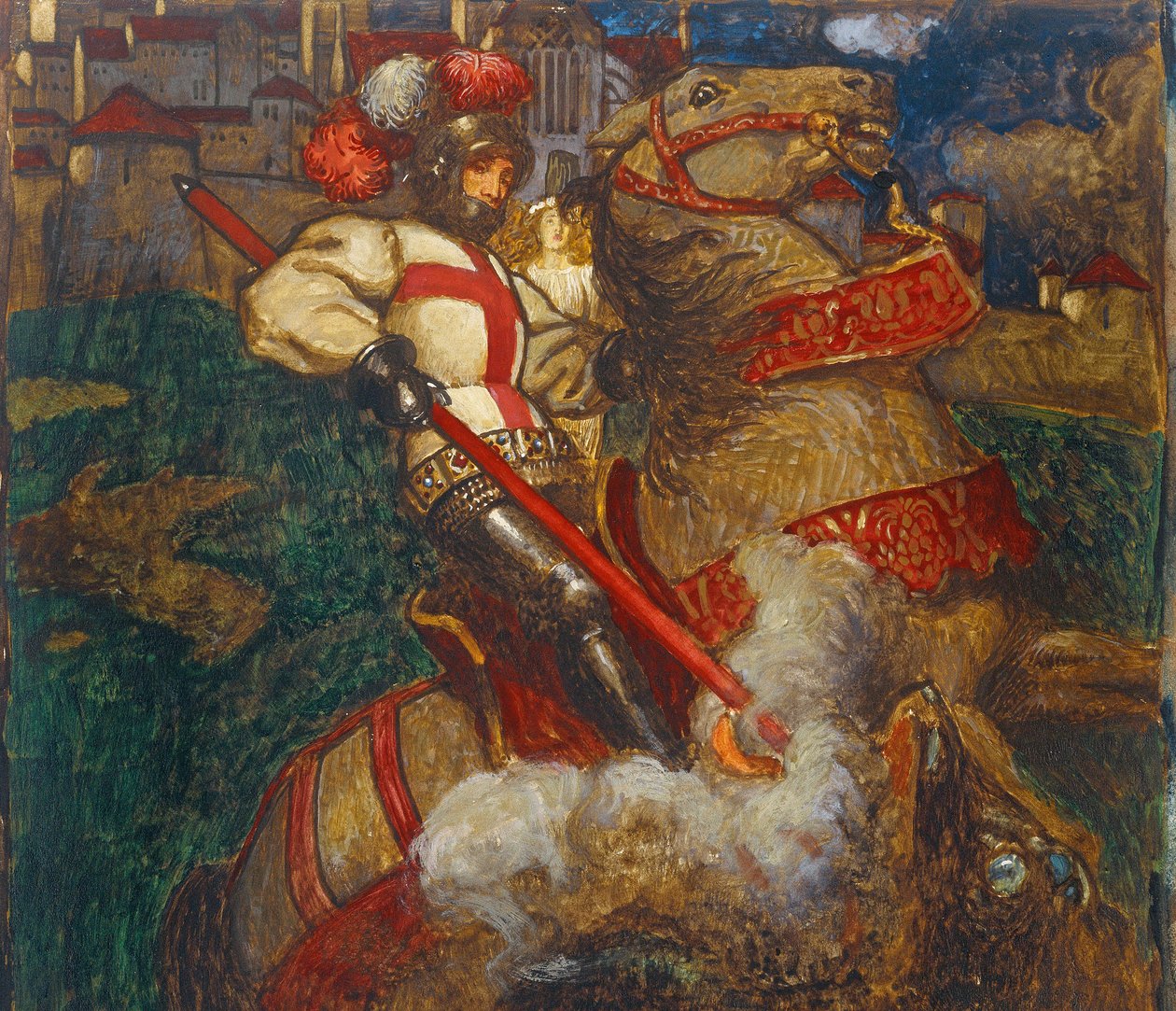 Pyhä Yrjö surmaamassa lohikäärmettä, 1908 tekijältä John Byam Liston Shaw
