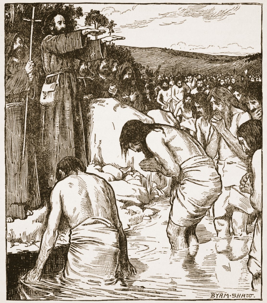 The Baptism at Tara, kuvitus teoksesta "The Church of England: A History for the People", kirjoittanut H.D.M. Spence-Jones, pubi. n. 1910 (seepiavalokuva) tekijältä John Byam Liston Shaw