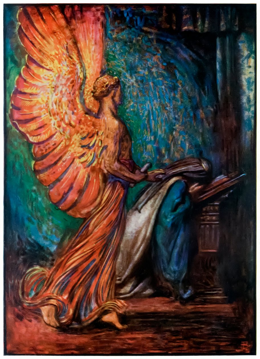 Sanansaattaja saapuu Christianalle kirjasta "Pilgrims Progress From This World, To That What Is To Come" John Bunyan (1628-1688) Kuvitus Byam Shaw (1872-1919), enkeli saapuu kutsuen Chria tekijältä John Byam Liston Shaw