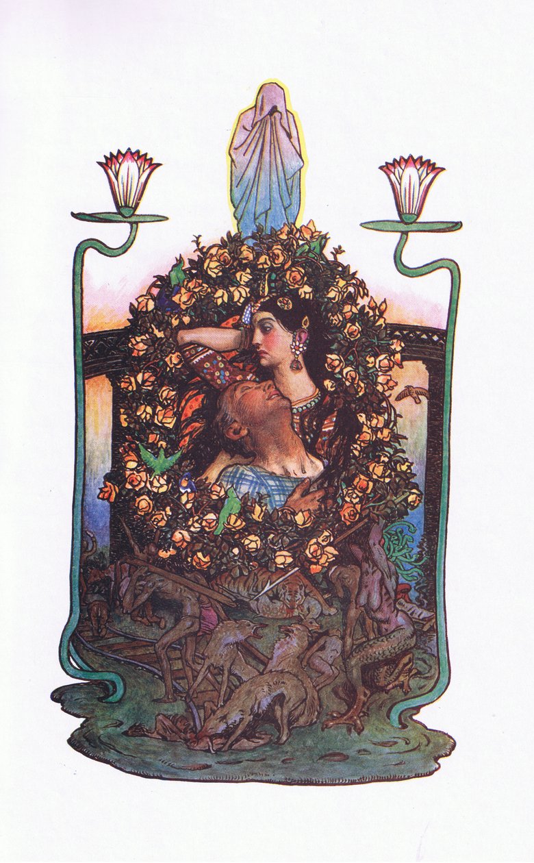 Puutarha sillan vieressä, kuvitus Kaman puutarhasta (ja muita sanoituksia Intiasta), 1920 tekijältä John Byam Liston Shaw