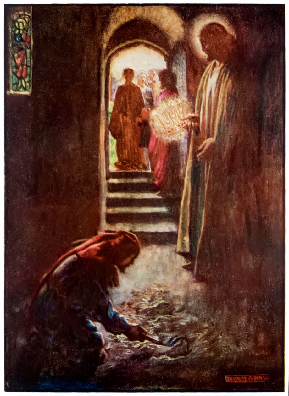 Mies, jolla on muck-rake -elokuvasta Pilgrims Progress From This World, To That What Is Tule, John Bunyan (1628-1688) Kuvitus Byam Shaw (1872-1919), Tulkkien talossa mies voi tekijältä John Byam Liston Shaw