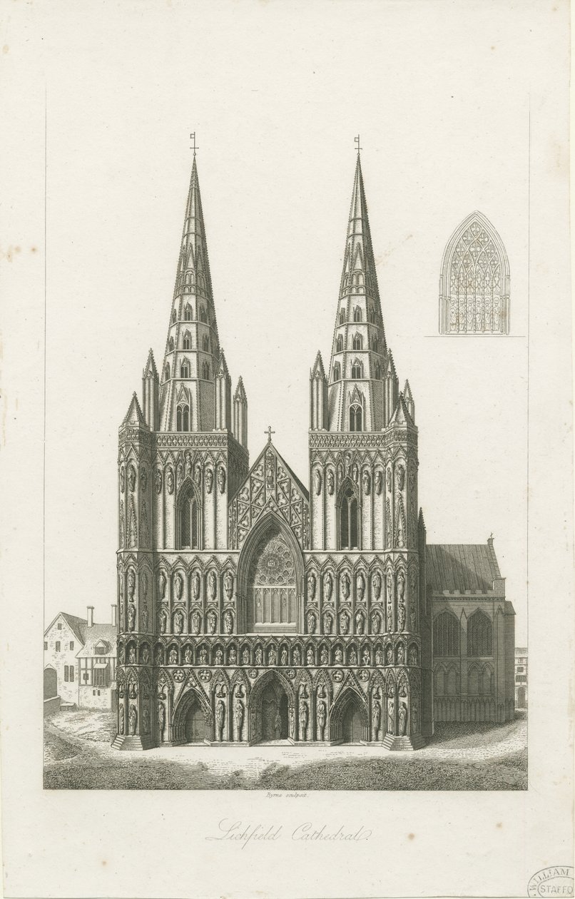 Lichfield Cathedral - West Front: kaiverrus ja [?1800-luvun alku] (painettu) tekijältä John Byrne