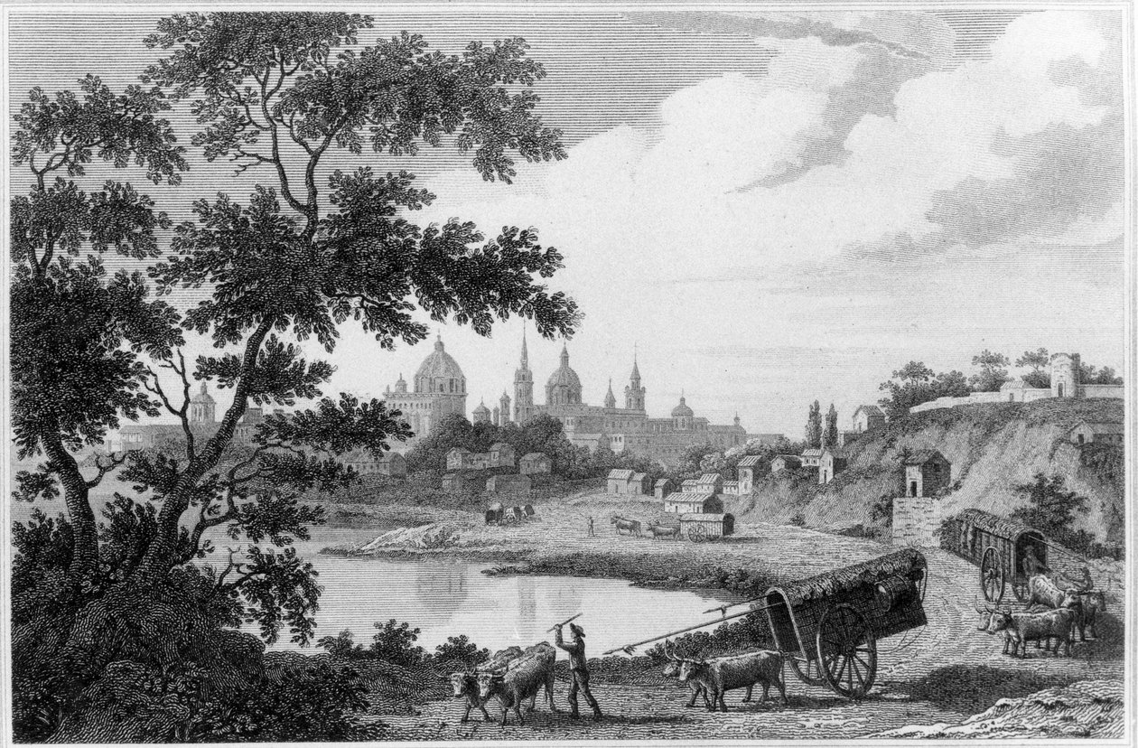 Näkymä Buenos Airesista, John Pinkertonin kirjan "Yleinen kokoelma parhaista ja mielenkiintoisimmista matkoista ja matkoista kaikissa maailman osissa" 14. osasta, julkaistu 1813 (kaiverrus) (m/v kuva) tekijältä John Byrne