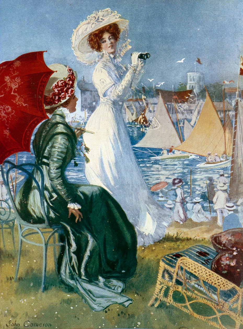 Belle epoque: "" Nuoret naiset seuraamassa regateja kiikareilla"" John Cameronin litografia (1900-luku) Paris, Decorative Arts tekijältä John Cameron