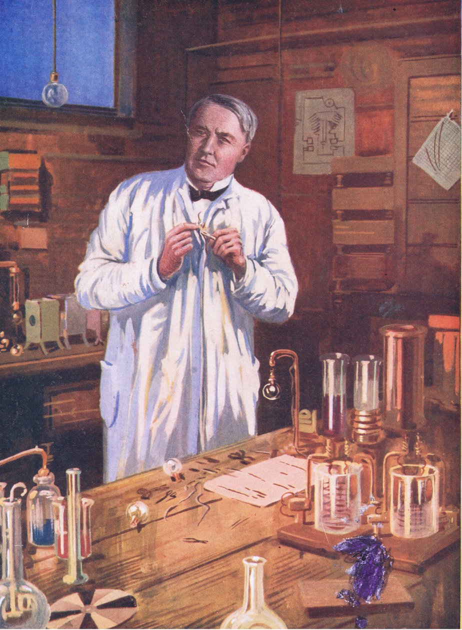 Edison: Keksintöjen velho, kuvitus Cassellin teoksesta Romance of Famous Lives, n. 1940 (värilitho) tekijältä John Cameron