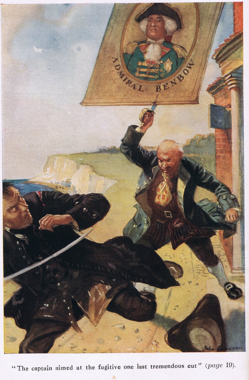 Kapteeni tähtäsi pakenemaan viimeisellä valtavalla leikkauksella, kuvitus Robert Louis Stevensonin Treasure Islandista tekijältä John Cameron