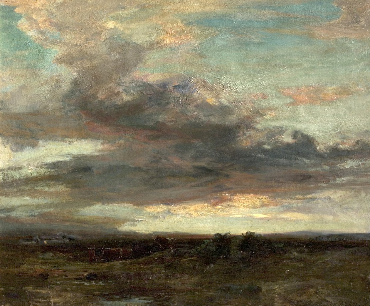 Argyllshire Moor, Skotlanti, auringonlasku, 1907 tekijältä John Campbell Mitchell