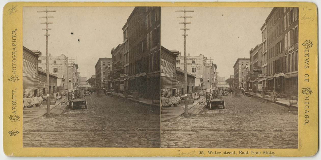Stereografia Water Streetin näkymästä itään State Streetiltä, Chicagossa, n. 1870 tekijältä John Carbutt