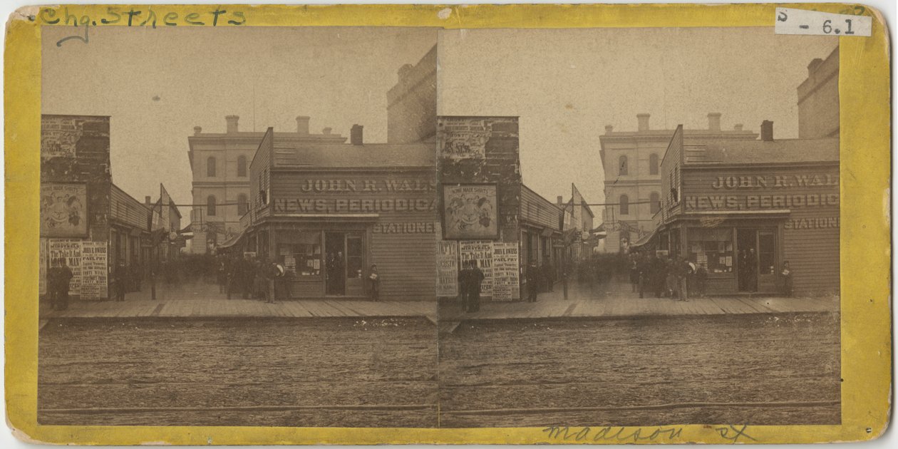 Näkymä John R. Walsh Periodicals -myymälästä Madison Streetillä Chicagossa postitoimiston taustalla, 1869 tekijältä John Carbutt