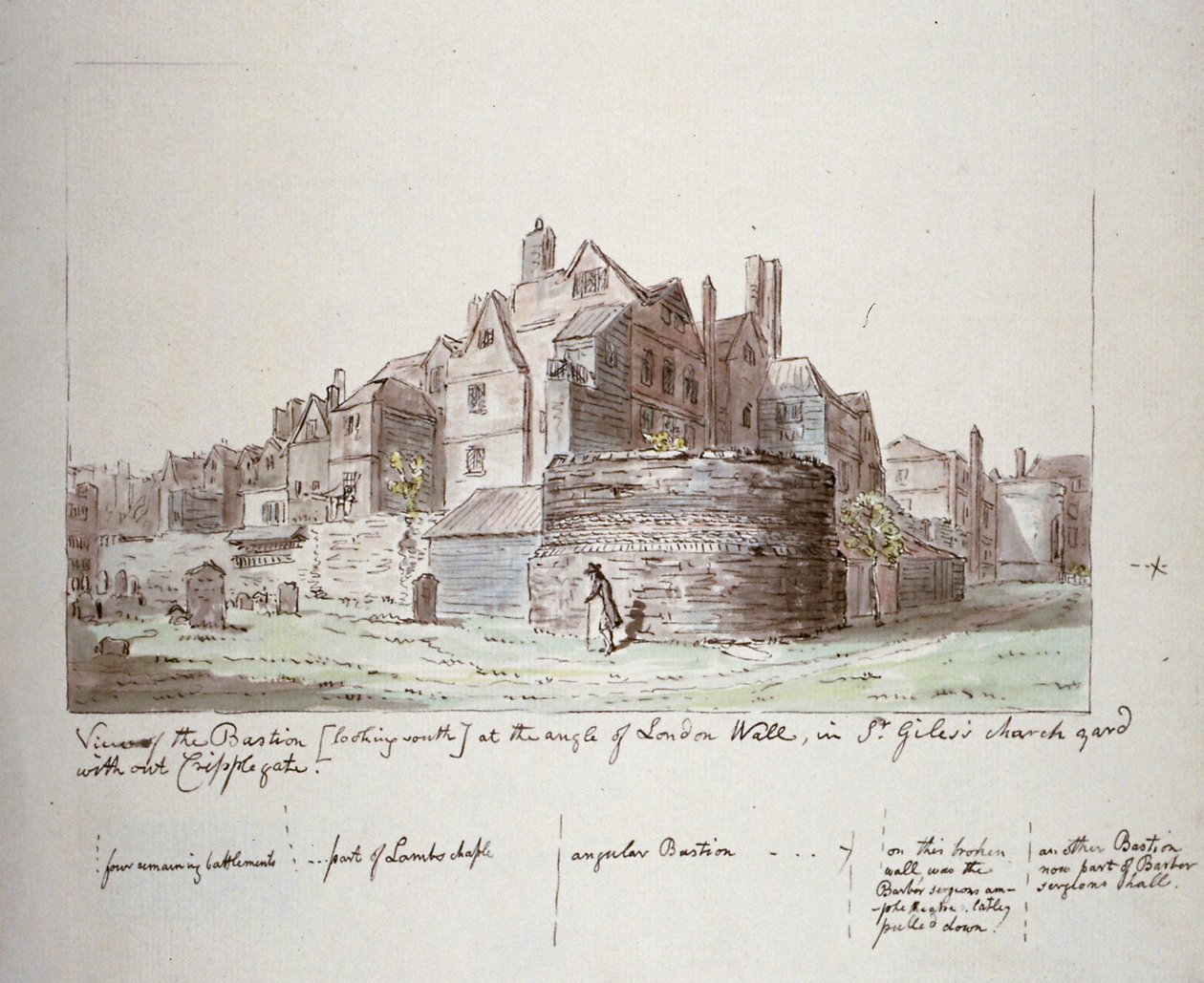 Bastioni Lontoon muurin kulmassa, St Giles ilman Cripplegaten kirkkomaata, Lontoon kaupunki, 1779 tekijältä John Carter