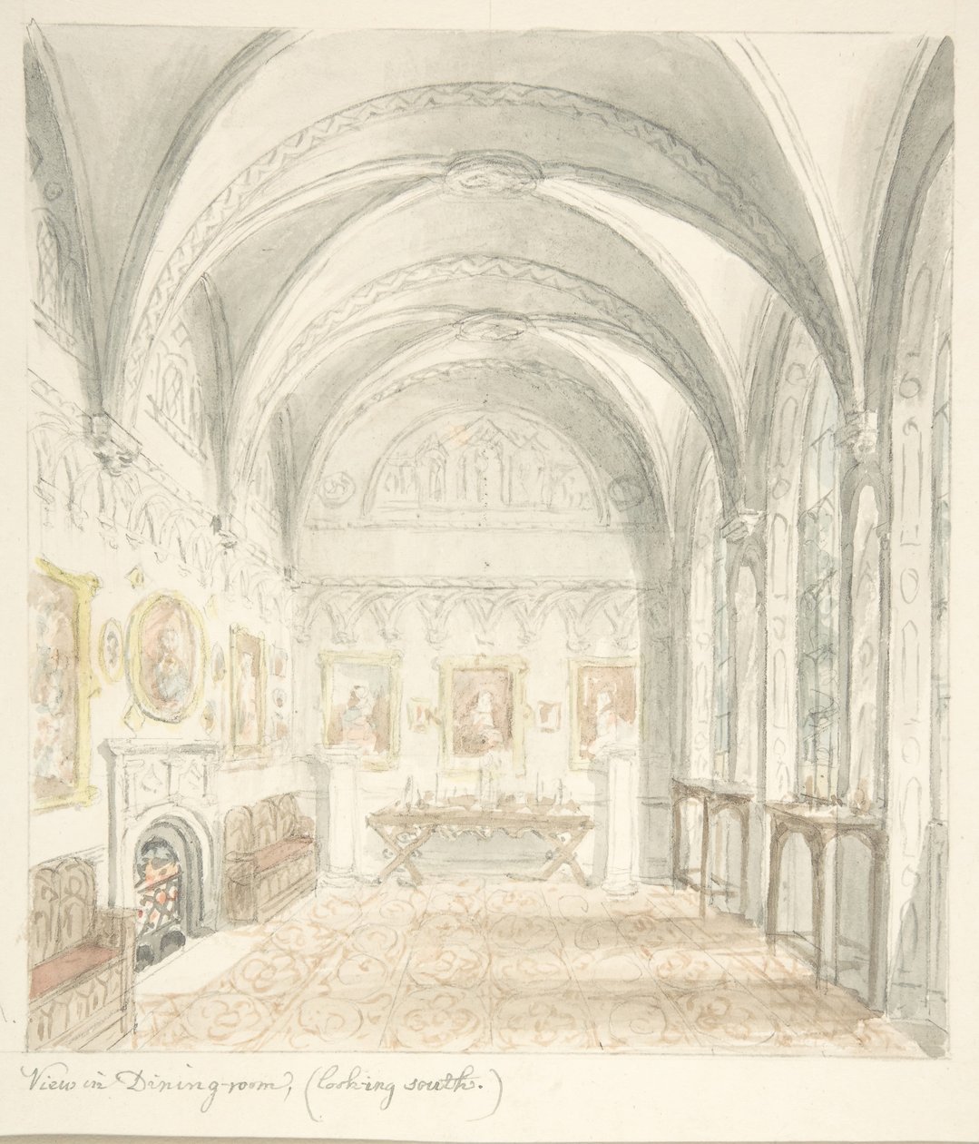 Lean linna, Worcestershire, ruokailuhuone etelään katsoen, n. 1816. tekijältä John Carter.