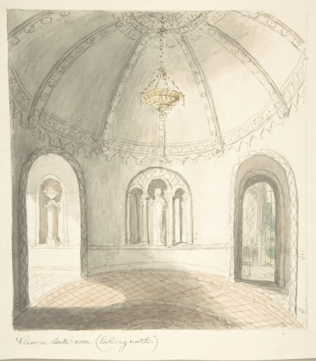 Lea Castle, Worcestershire, Näkymä etuhuoneessa, näkymä pohjoiseen, n. 1816. tekijältä John Carter.