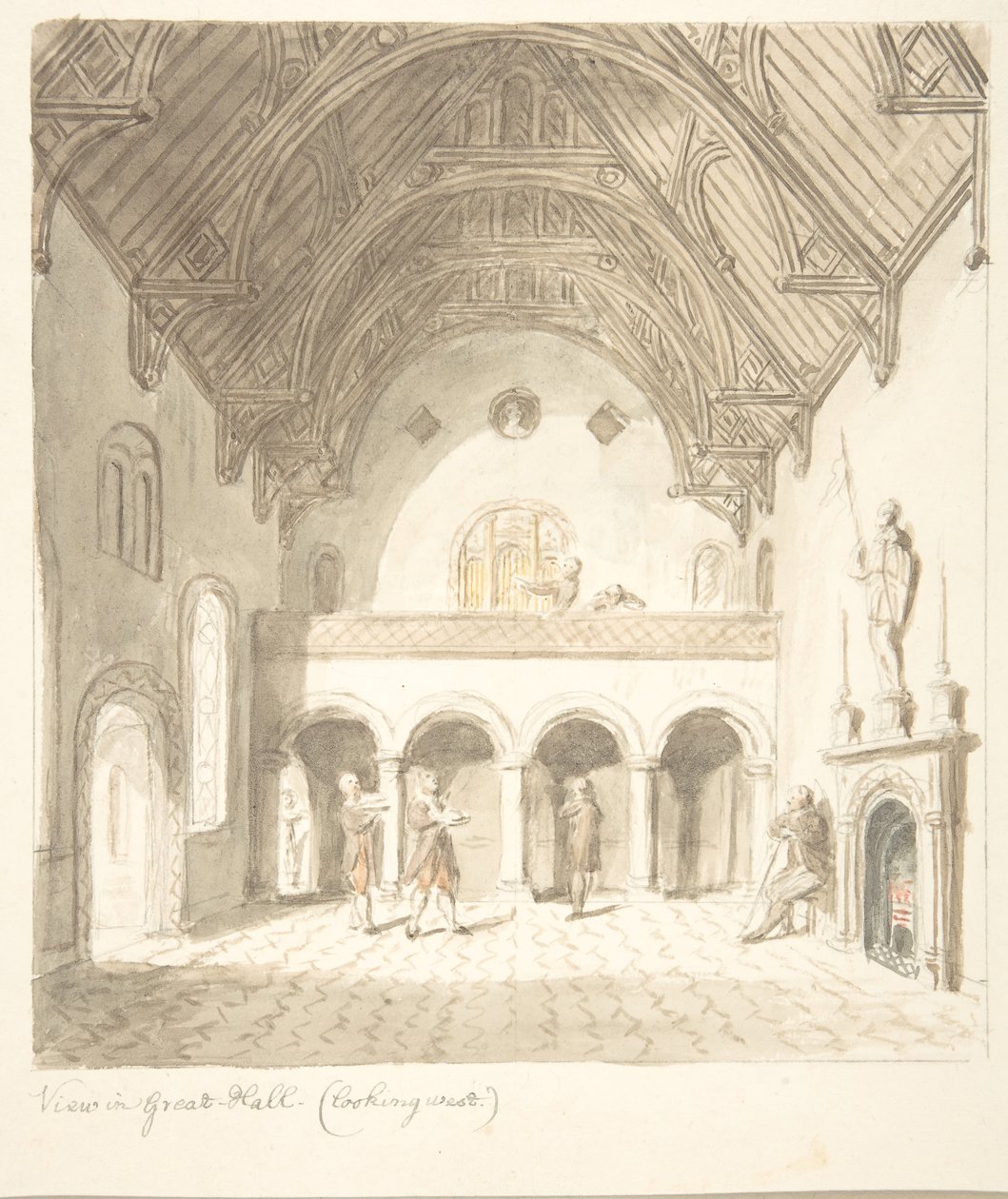 Lean linna, Worcestershire, näkymä suuressa salissa, katse länteen, n. 1816. tekijältä John Carter.