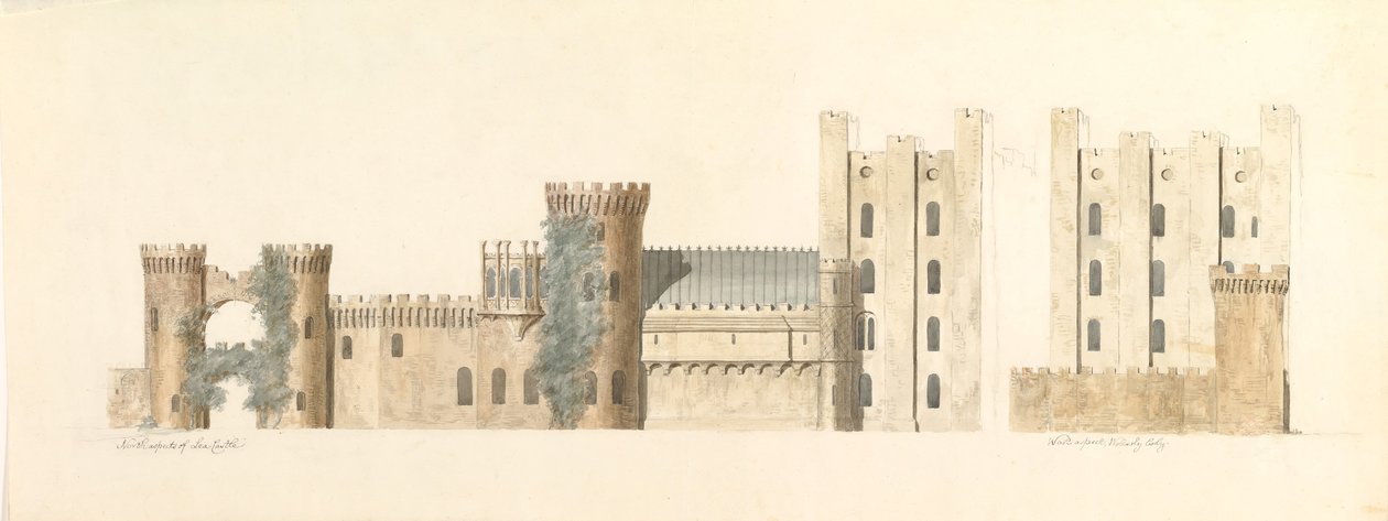 North Aspects of Lea Castle ja West Aspect of Wolverley, Cookley, Worcestershire, ca. 1816. tekijältä John Carter.