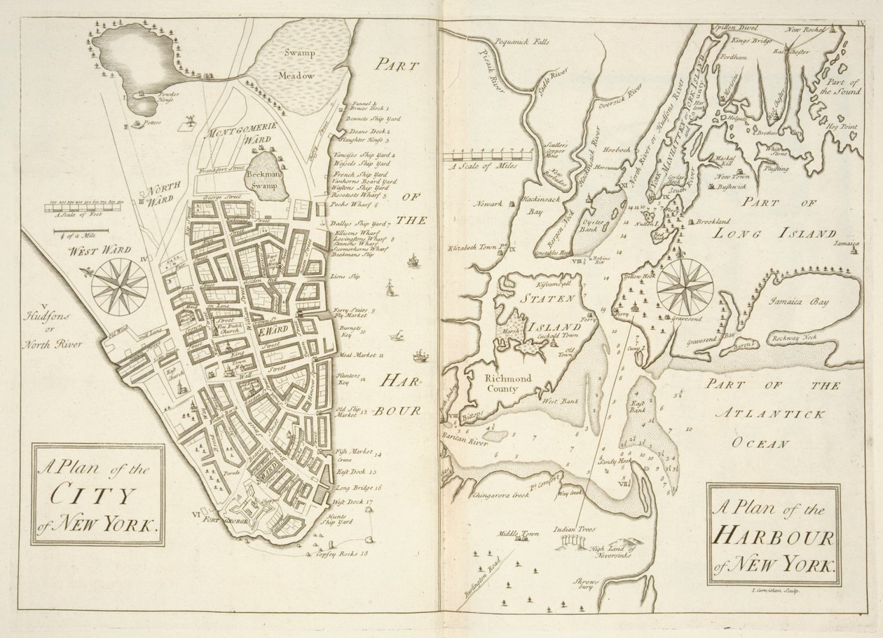 Holkham MS 109 F 41, New Yorkin kaupungin ja sataman suunnitelmat, n.1740 (kaiverrus) tekijältä John Carwitham