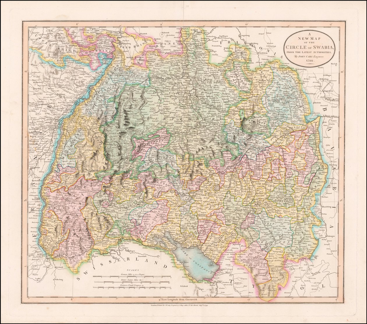 John Caryn laatima Swabian kartta vuodelta 1799 tekijältä John Cary