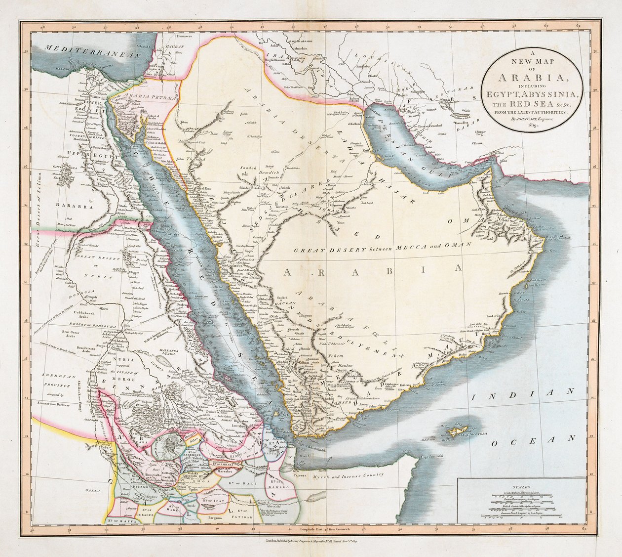 Uusi Arabian kartta, mukaan lukien Egypti, Abessinia, Punainenmeri  c.  c.  c. viimeisimpien viranomaisten mukaan. tekijältä John Cary