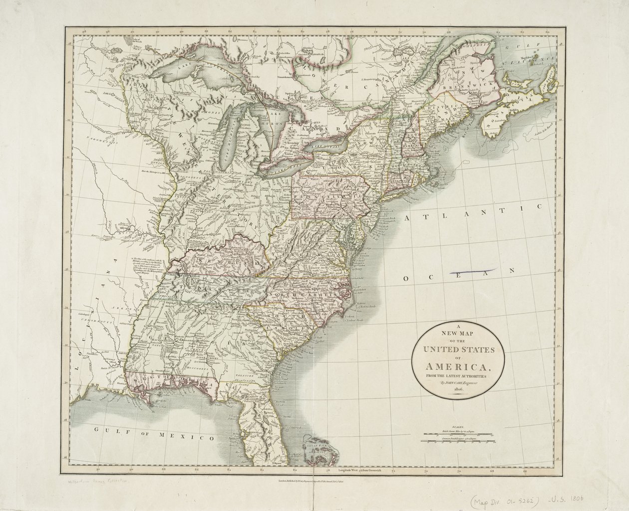 Uusi Amerikan yhdysvaltojen kartta viimeisimmiltä viranomaisilta, 1806 tekijältä John Cary