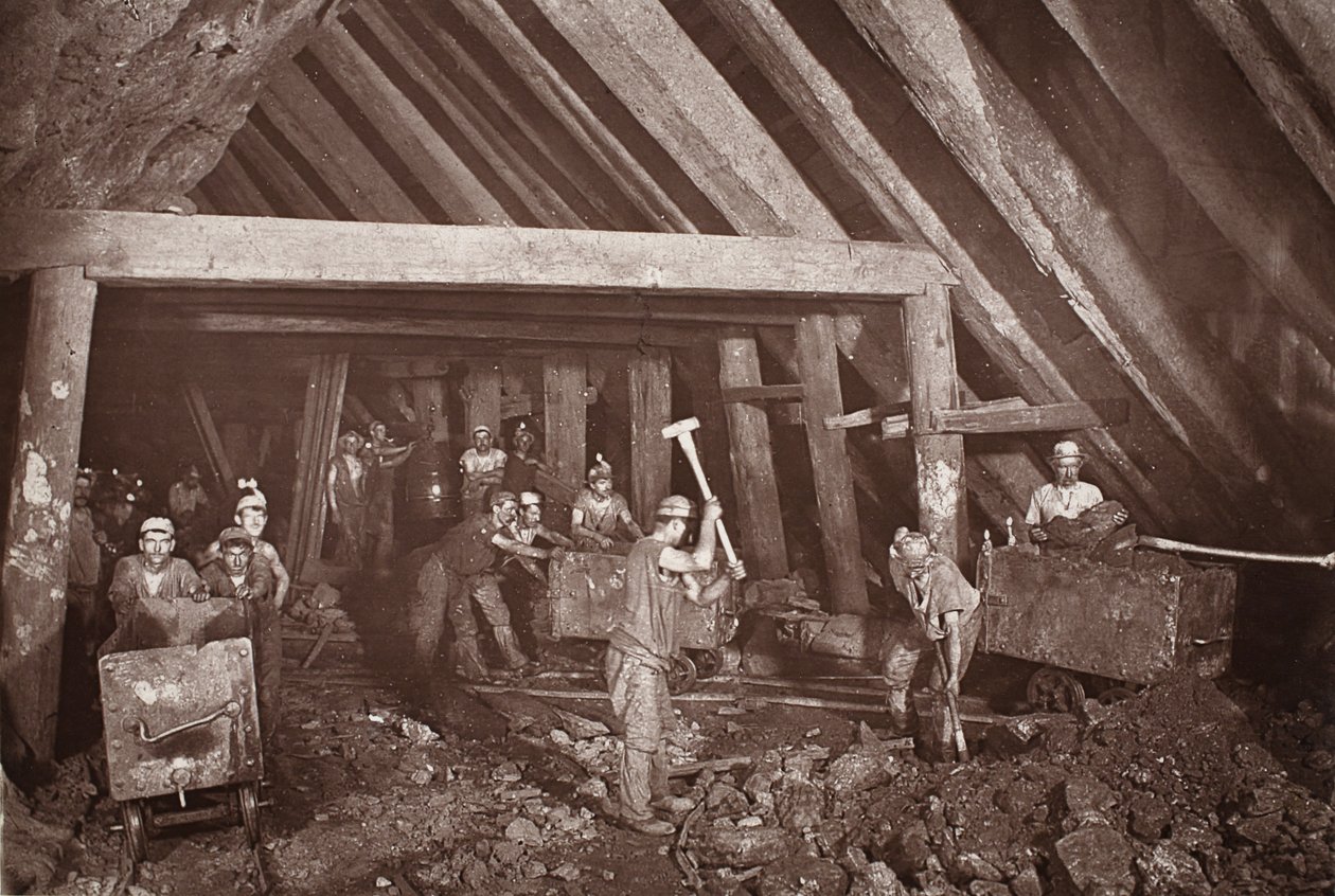 412, Dolcoathin kaivos, kuvitus J.C. Burrowsin ja William Thomasin teoksesta "Mongst mines and miners tai Underground Scenes by Flash-Light", pubi. 1893 (seepiakuva) tekijältä John Charles Burrow
