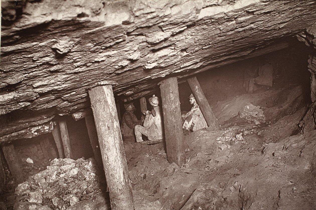The 66, Blue Hills mine, kuvitus J.C. Burrowsin ja William Thomasin teoksesta "Mongst mines and miners tai Underground Scenes by Flash-Light", pubi. 1893 (seepiakuva) tekijältä John Charles Burrow