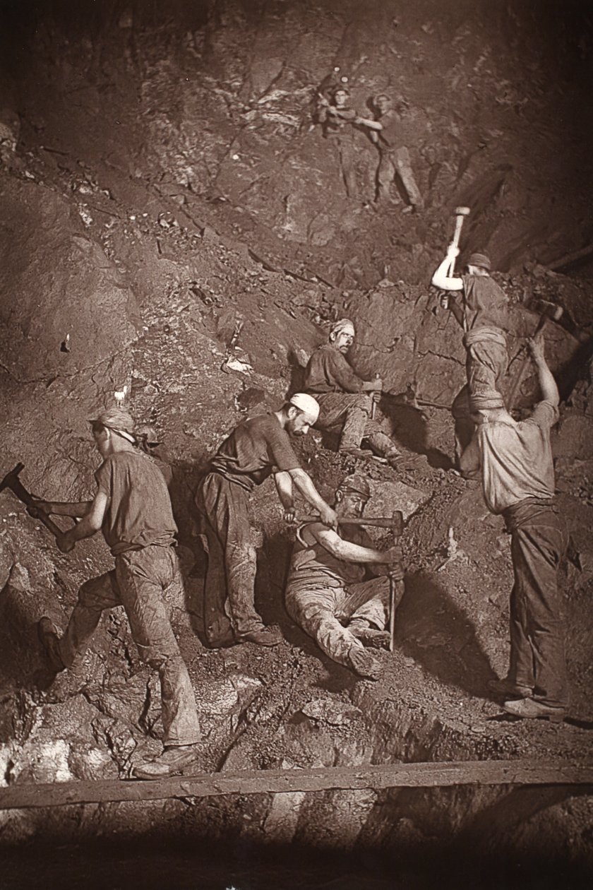 Underhand Stoping, East Poolin kaivos, kuvitus J.C. Burrowsin ja William Thomasin teoksesta "Mongst mines and miners tai Underground Scenes by Flash-Light", pubi. 1893 (seepiakuva) tekijältä John Charles Burrow