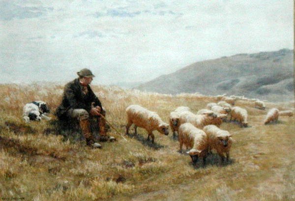 Shepherd on the South Downs, n. 1900 (akvarelli paperille) tekijältä John Charles Dollman