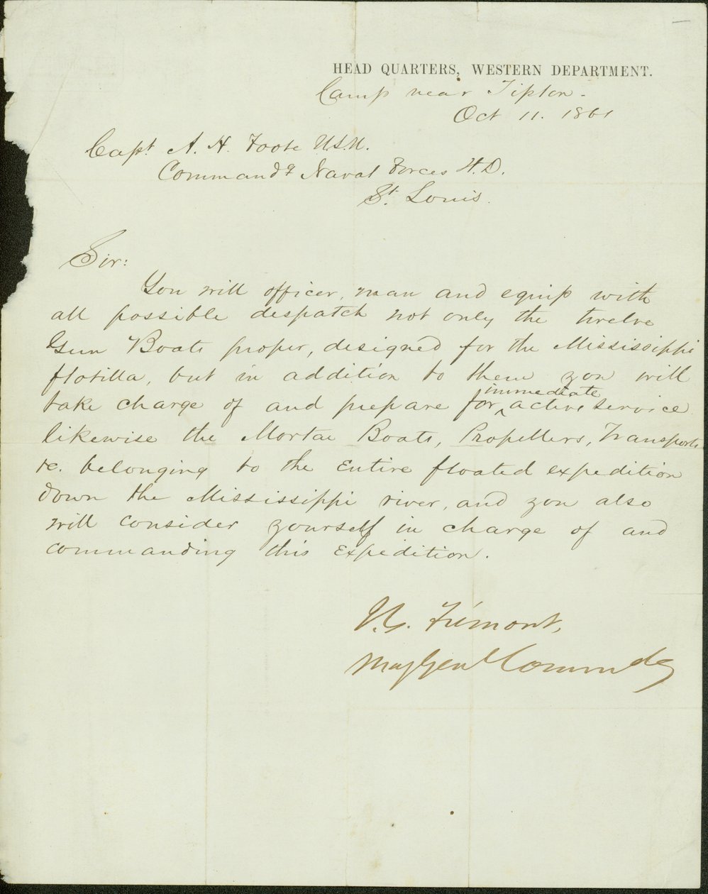 Kirje allekirjoitettu J.C.Fremont, komentajamajuri, Head Quarters, Länsi -osasto, leiri lähellä Tiptonia, kapteeni A.H.Footelle, U.S.N. Merivoimien komento H.D., St.Louis, 11. lokakuuta 1861 tekijältä John Charles Frémont
