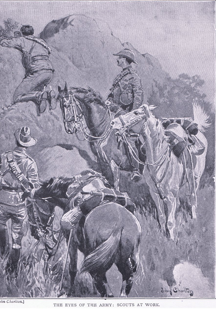 Armeijan silmät, tiedustelijat työssä, teoksesta After Pretoria: The Guerilla War, jonka on julkaissut Harmsworth Bros Limited, 1901. tekijältä John Charlton