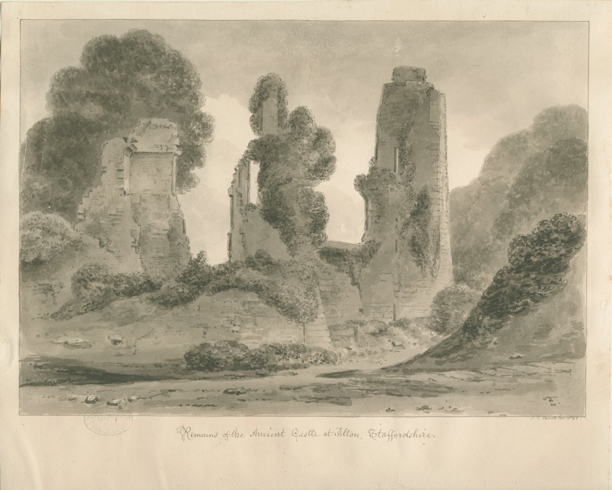 Alton Castle: seepiapiirros, 1841 tekijältä John Chessell Buckler
