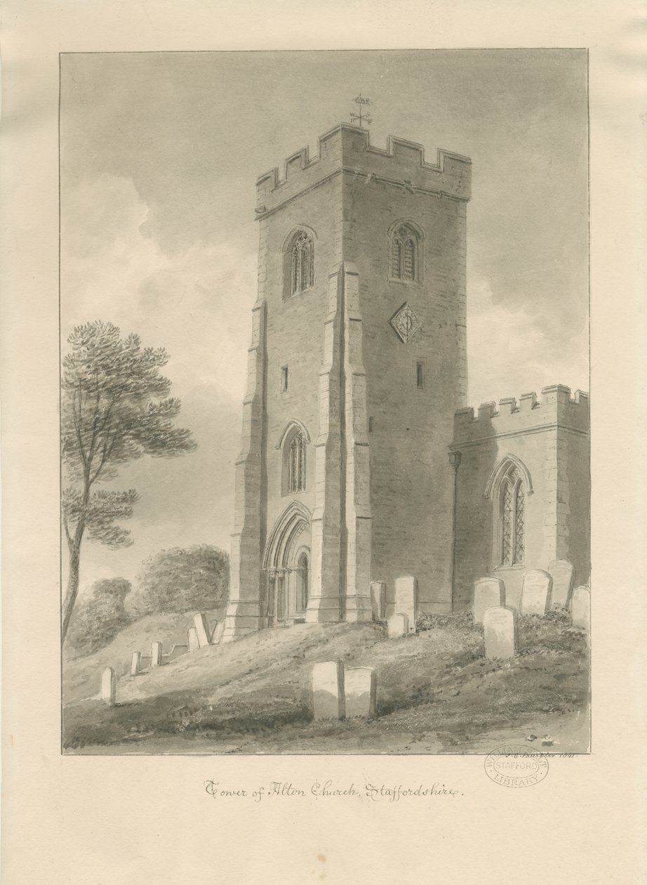 Alton Church - Tower: seepiapiirros, 1841 tekijältä John Chessell Buckler