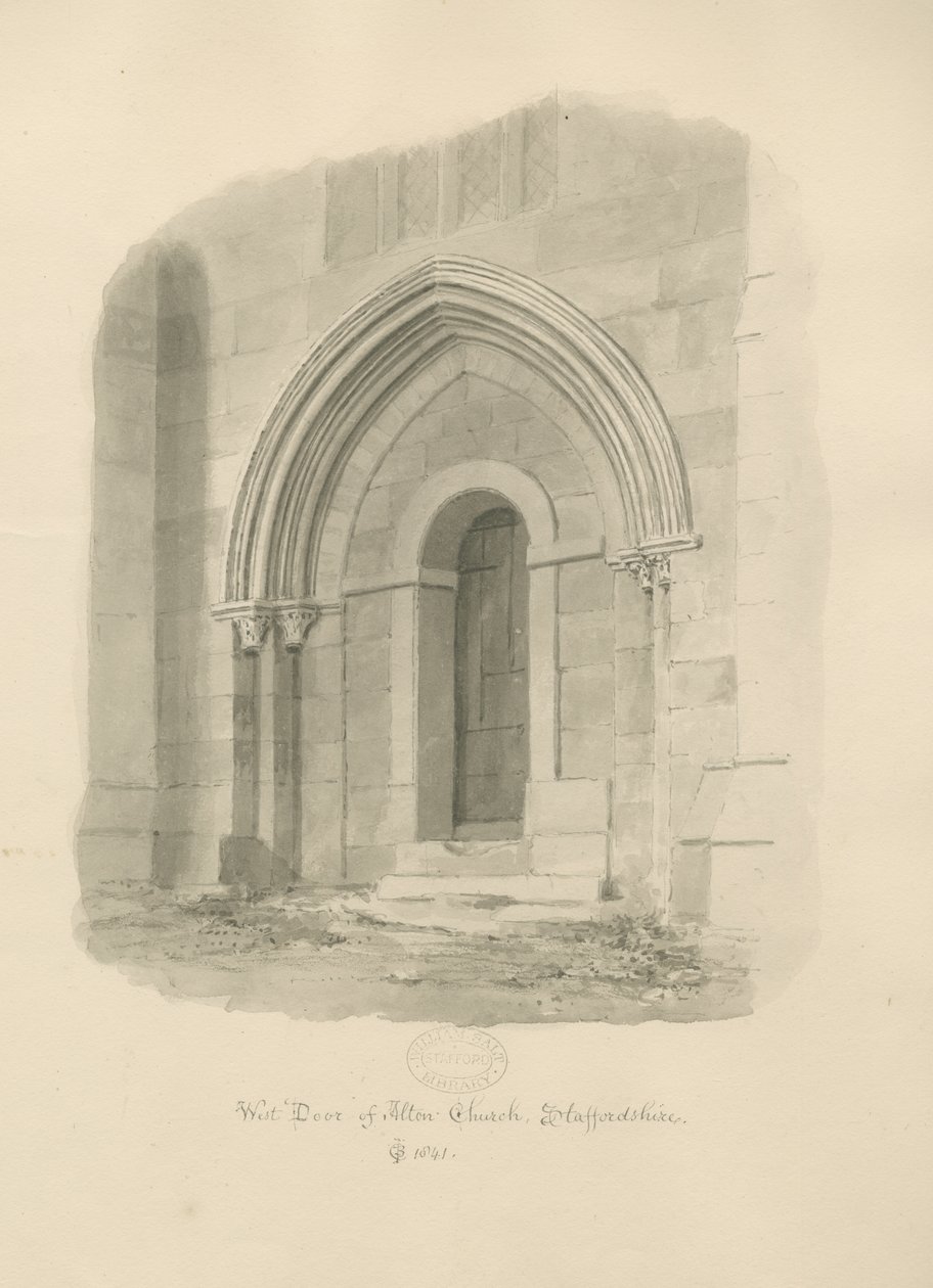 Alton Church - West Door: seepiapiirustus tekijältä John Chessell Buckler