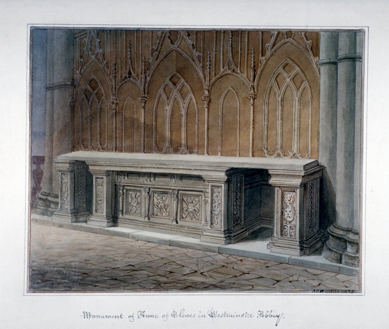 Anne of Clevesin muistomerkki, Westminster Abbey, Lontoo, 1829. tekijältä John Chessell Buckler