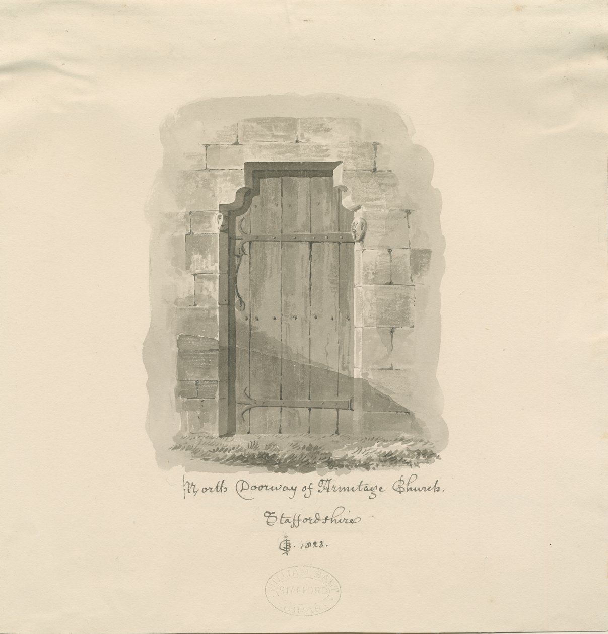 Armitagen kirkko - North Doorway: seepiapiirros, 1823 tekijältä John Chessell Buckler