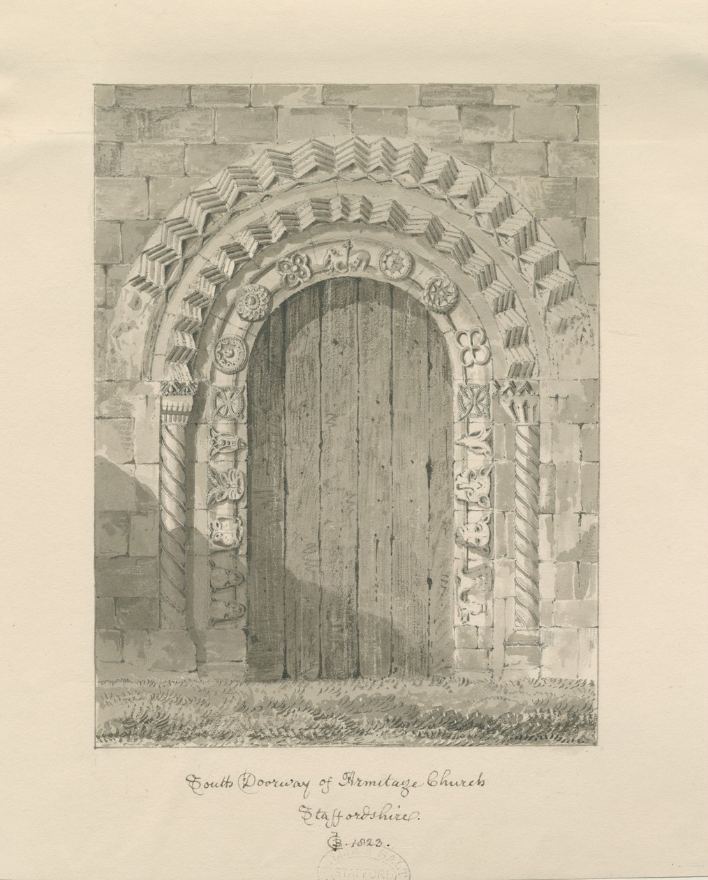 Armitagen kirkko - South Doorway: seepiapiirros, 1823 tekijältä John Chessell Buckler