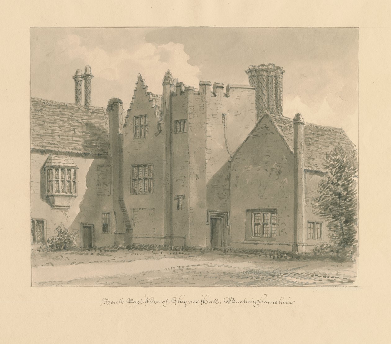 Buckinghamshire - Chenies Hall: seepiapiirustus, 1824 tekijältä John Chessell Buckler