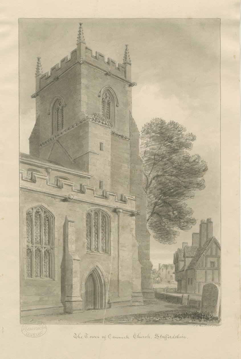Cannock Church: seepiapiirustus tekijältä John Chessell Buckler