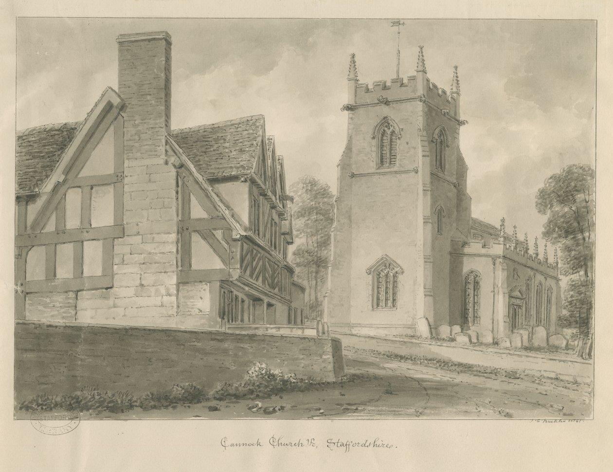 Cannock Church: seepiapiirros, 1841 tekijältä John Chessell Buckler