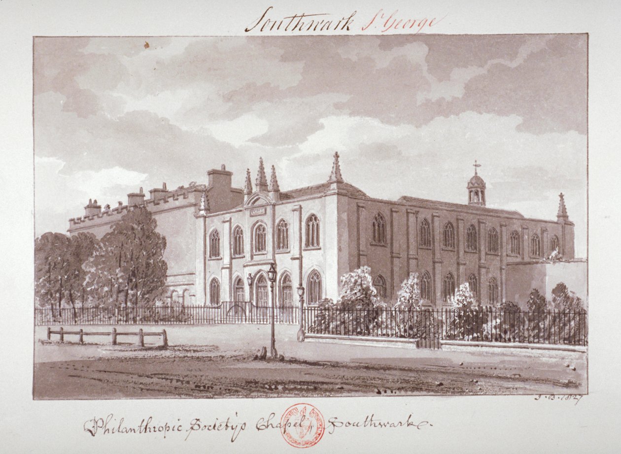 Philanthropic Society Institutionille kuuluva kappeli, London Road, Southwark, Lontoo, 1827 tekijältä John Chessell Buckler